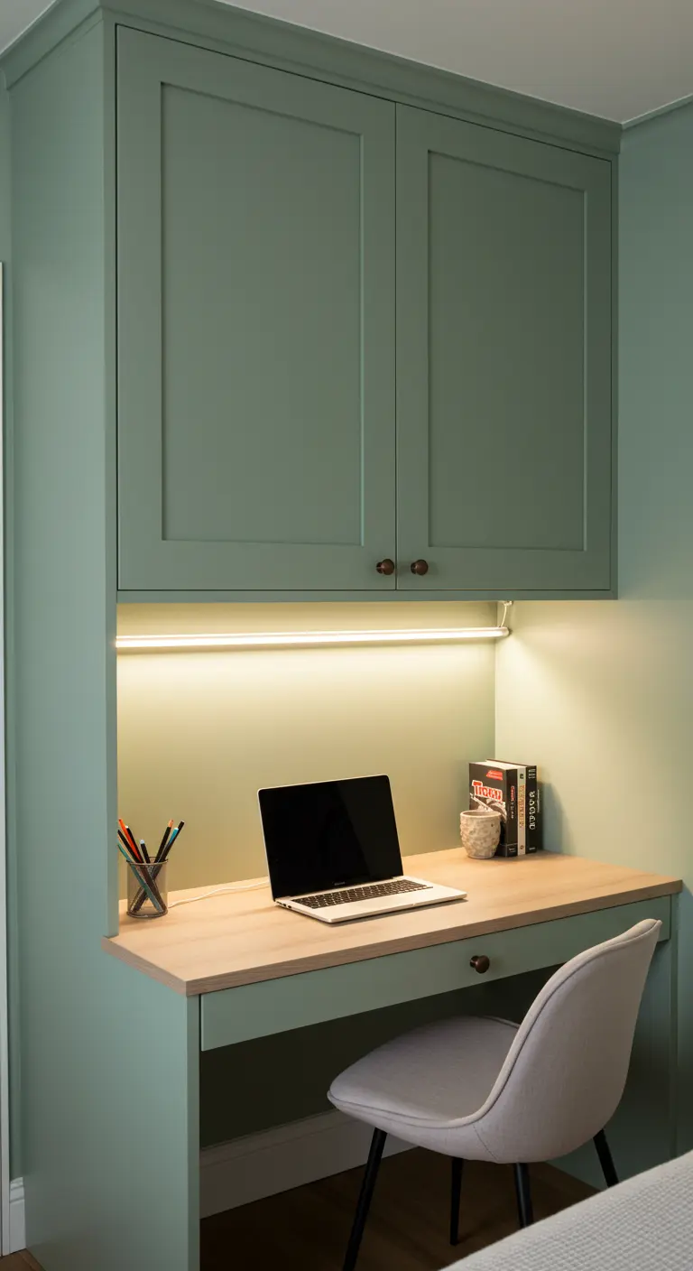 A built-in desk with sage green cabinetry above, illuminated by a sleek under-cabinet LED light bar.