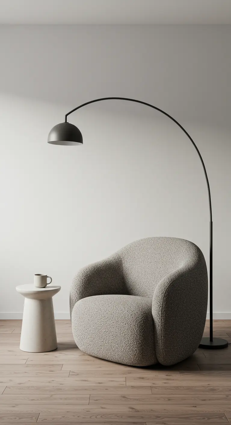 A cozy reading nook with a gray bouclé armchair and a black arc floor lamp.