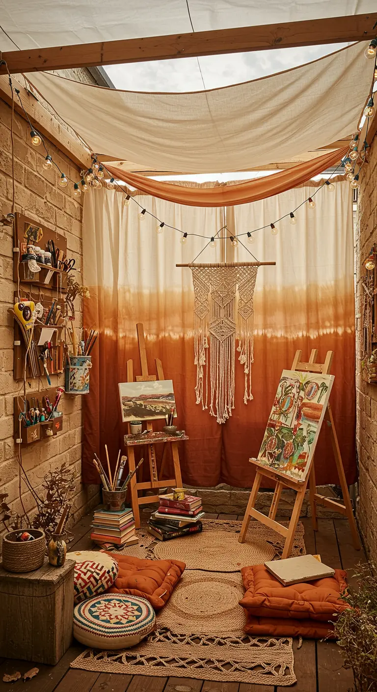 A cozy, brick-walled balcony set up as an artist's studio with ombre-dyed curtains.