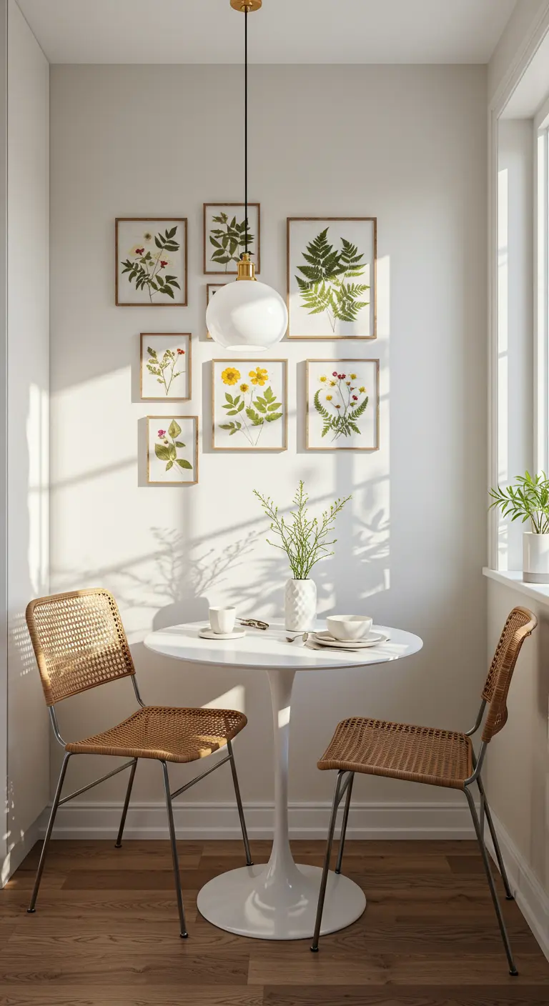 A small dining nook with a gallery wall of botanical prints, woven chairs, and a white tulip table.