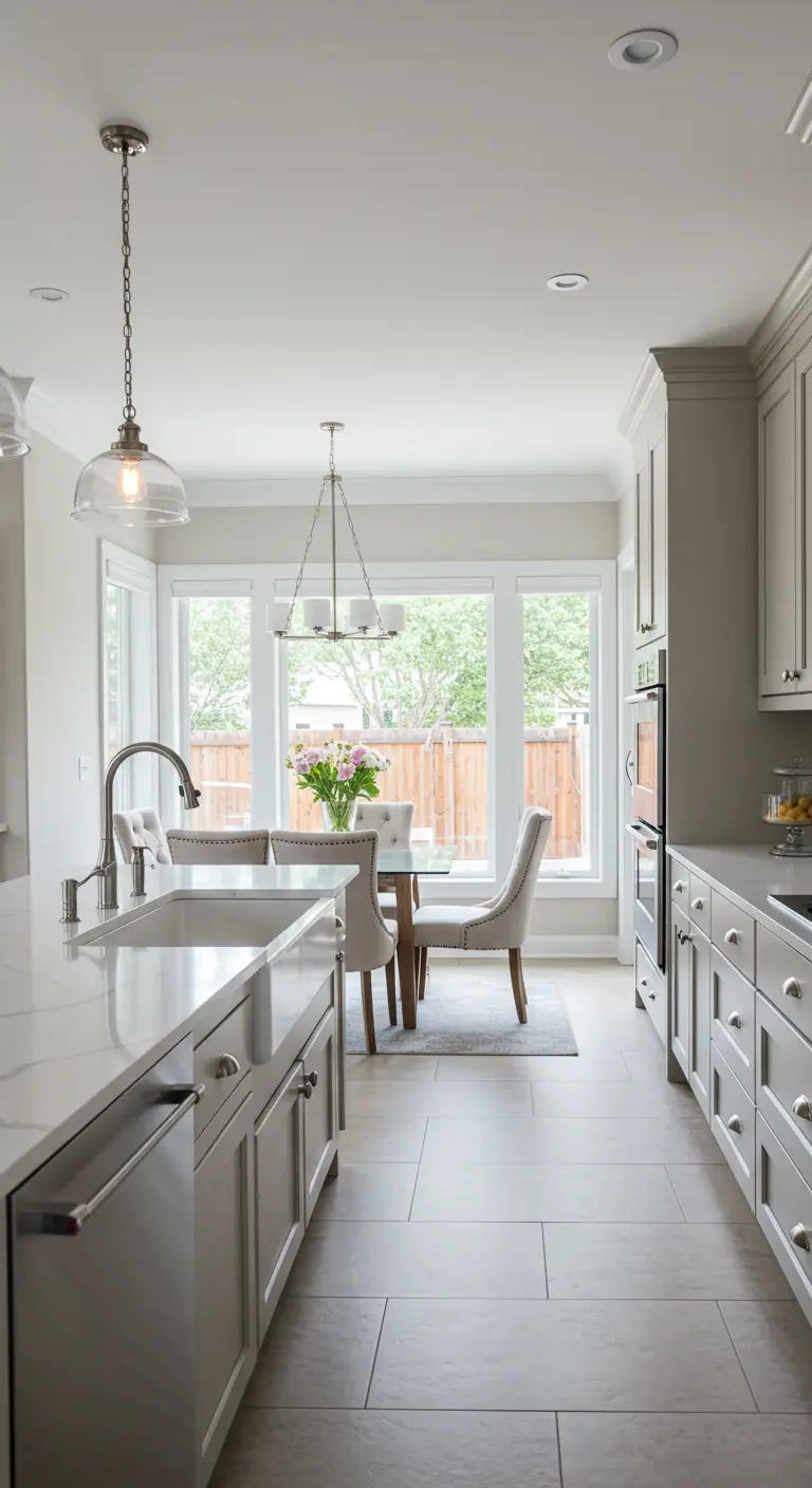 Long kitchen with gray cabinets, with a dining area at the end defined by a rug.
