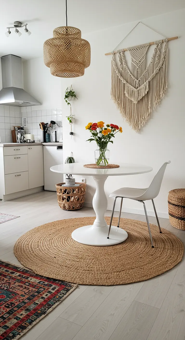 A small dining area next to a kitchen, defined by a large round jute rug and a macramé hanging.