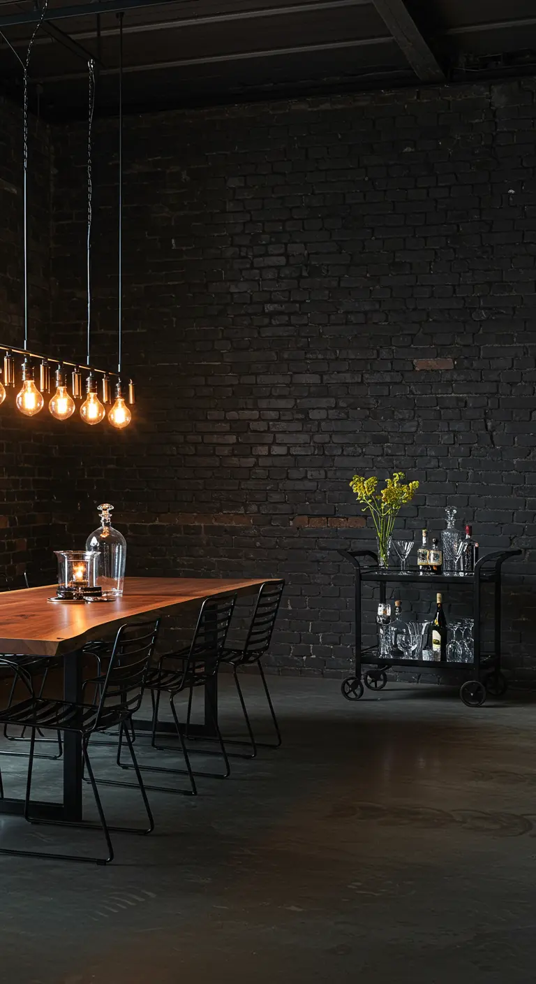 Dark dining room with a long wood table under a linear Edison bulb fixture.