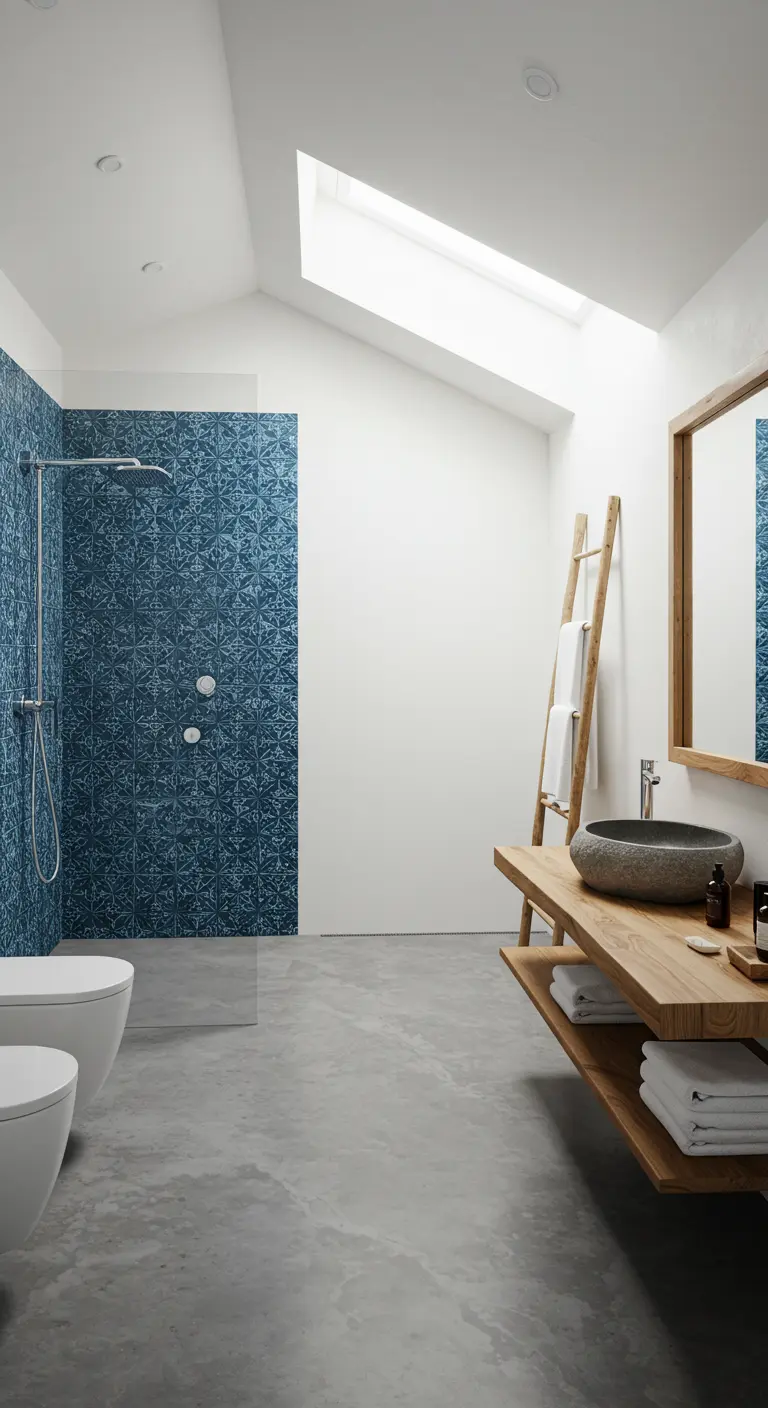 Modern bathroom with a blue patterned tile shower wall and a floating wood vanity.