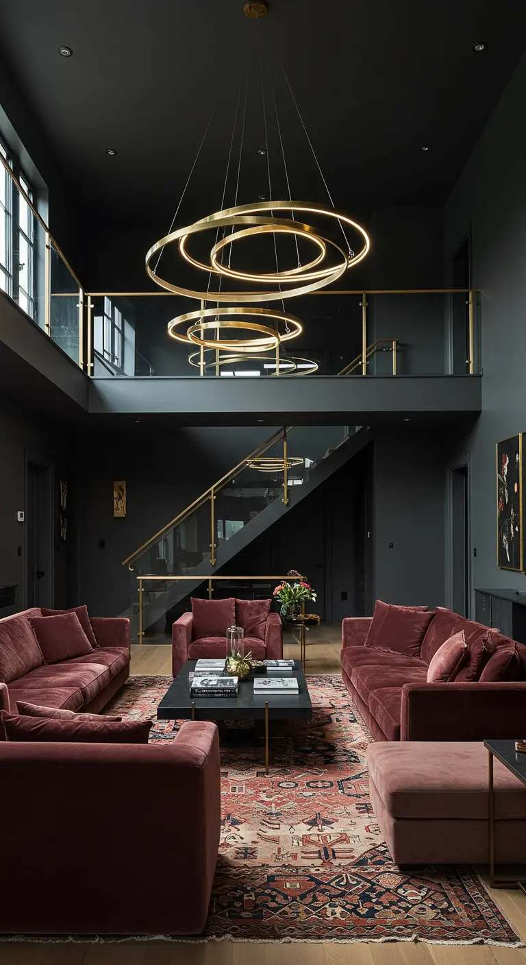 A dramatic two-story living room with charcoal walls and two large rose-colored velvet sofas.