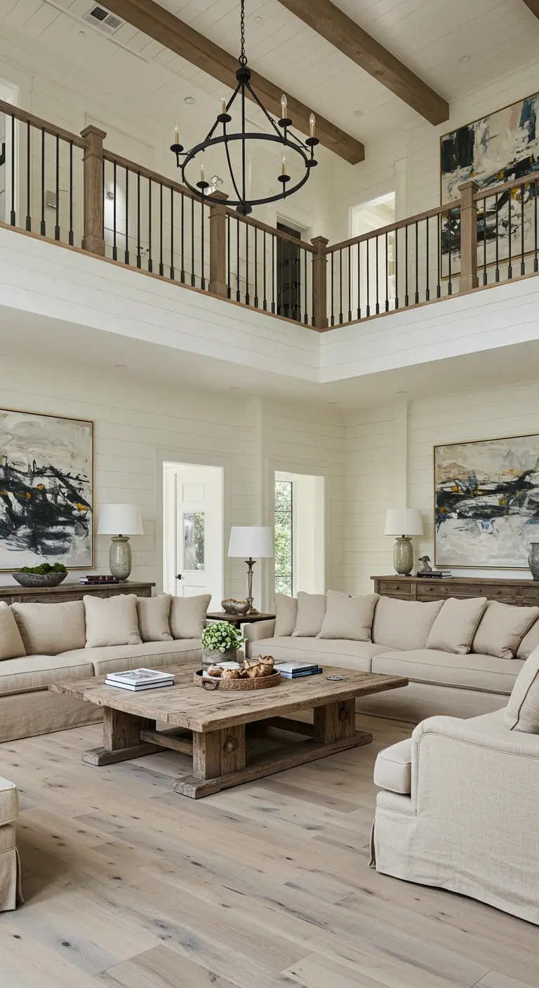 Expansive, two-story living room with a large, U-shaped sectional and abstract art.
