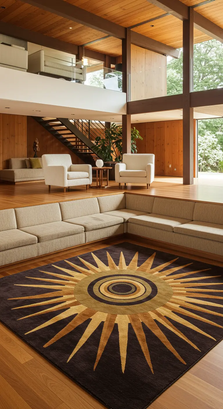Open-plan living room with exposed wood beams and a large brown and gold sunburst rug.