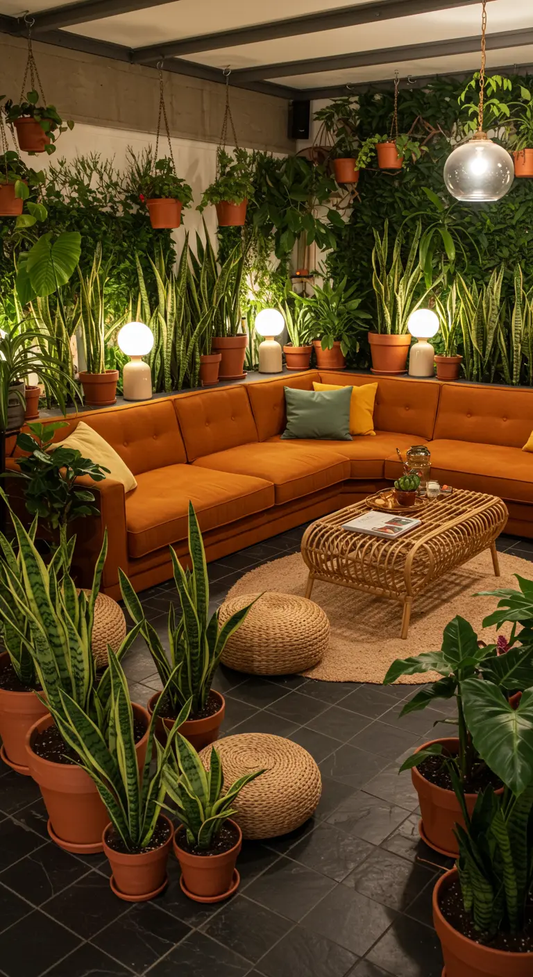 A living room with a burnt-orange sectional backed by a wall of snake plants in terracotta pots.