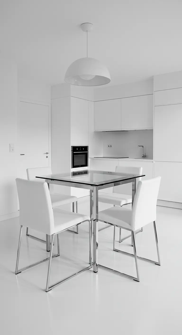 Minimalist white dining set with a glass table under a white dome light.