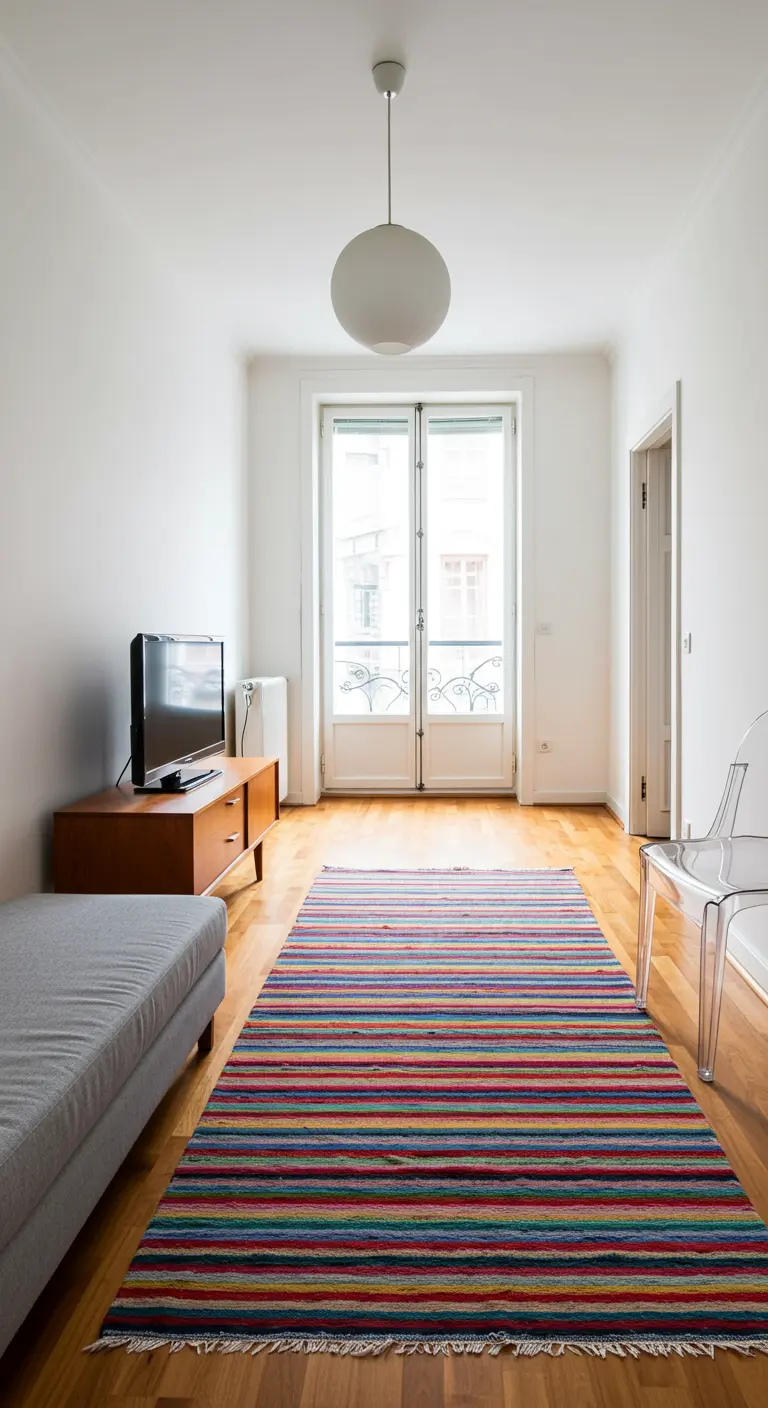A narrow room with a small teak console and a vibrant, multi-colored striped runner.
