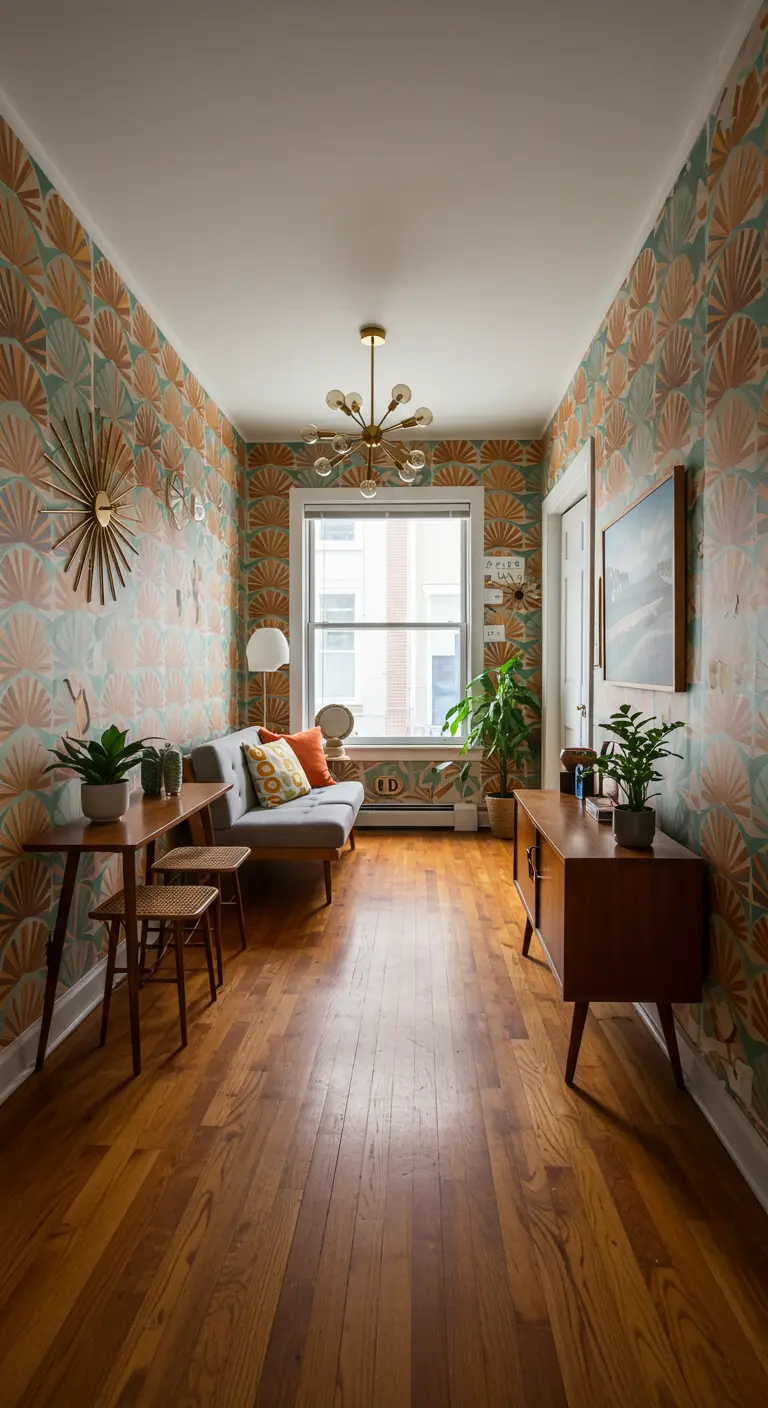 Long, narrow living room with colorful art deco fan wallpaper on all walls and mid-century furniture.