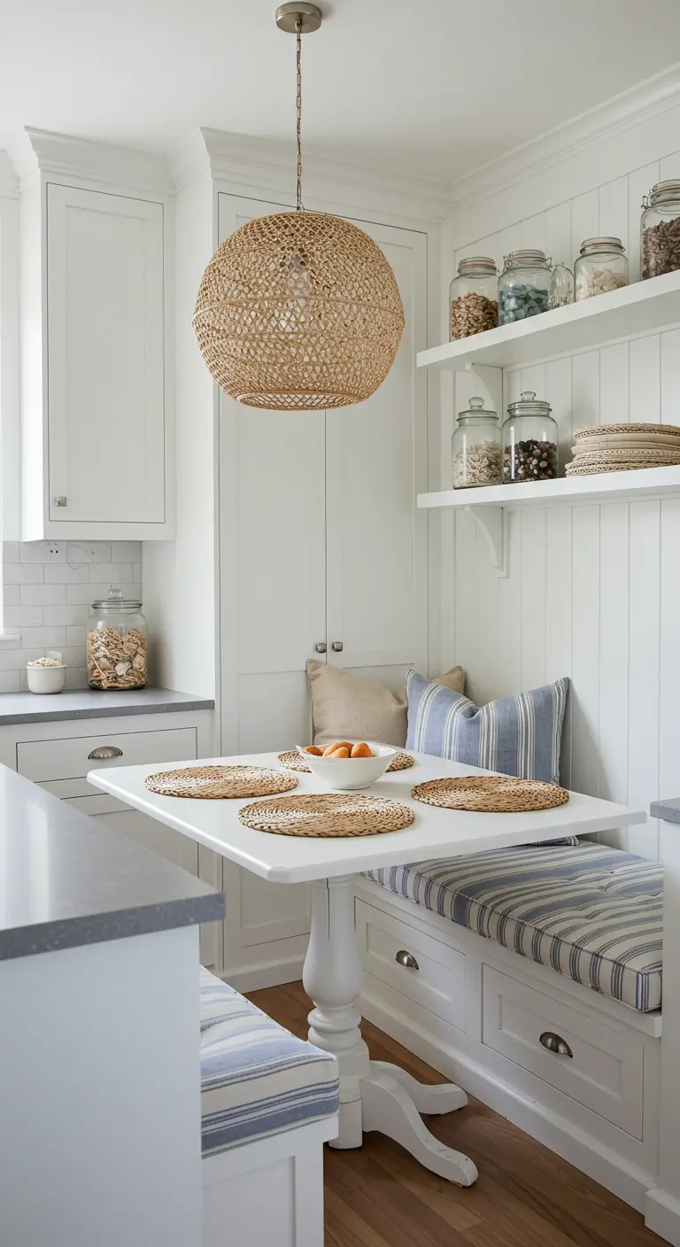 A woven globe pendant hangs over a white table in a cozy breakfast nook with striped cushions.