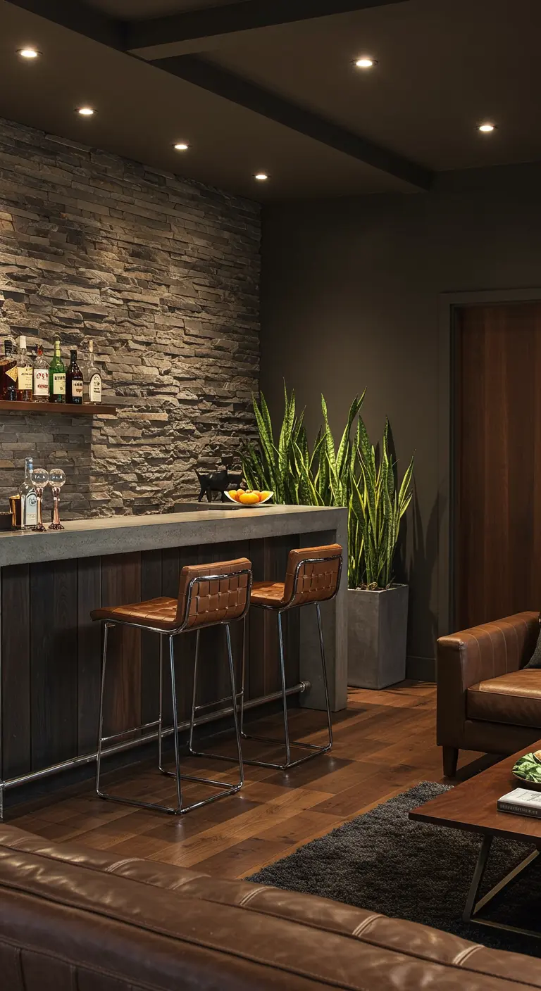 Home bar with a stacked stone wall, concrete countertop, and leather bar stools.