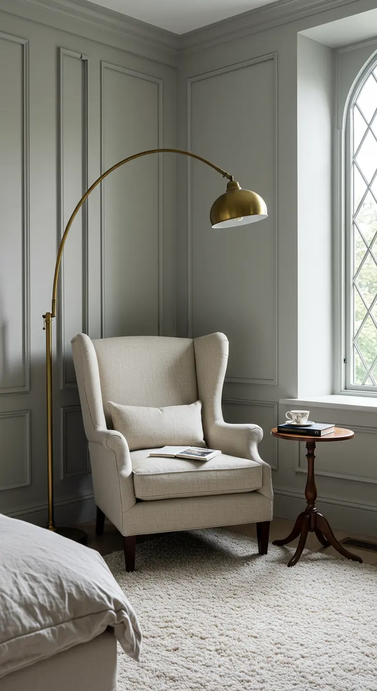Cozy reading nook with a cream wingback chair and a large brass arc floor lamp.