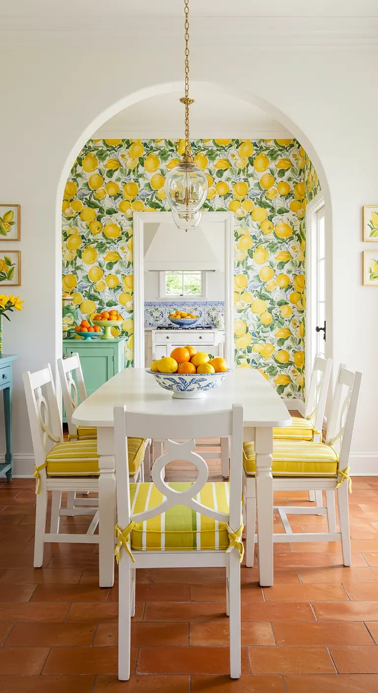 Dining nook with bright lemon wallpaper and white and yellow chairs.