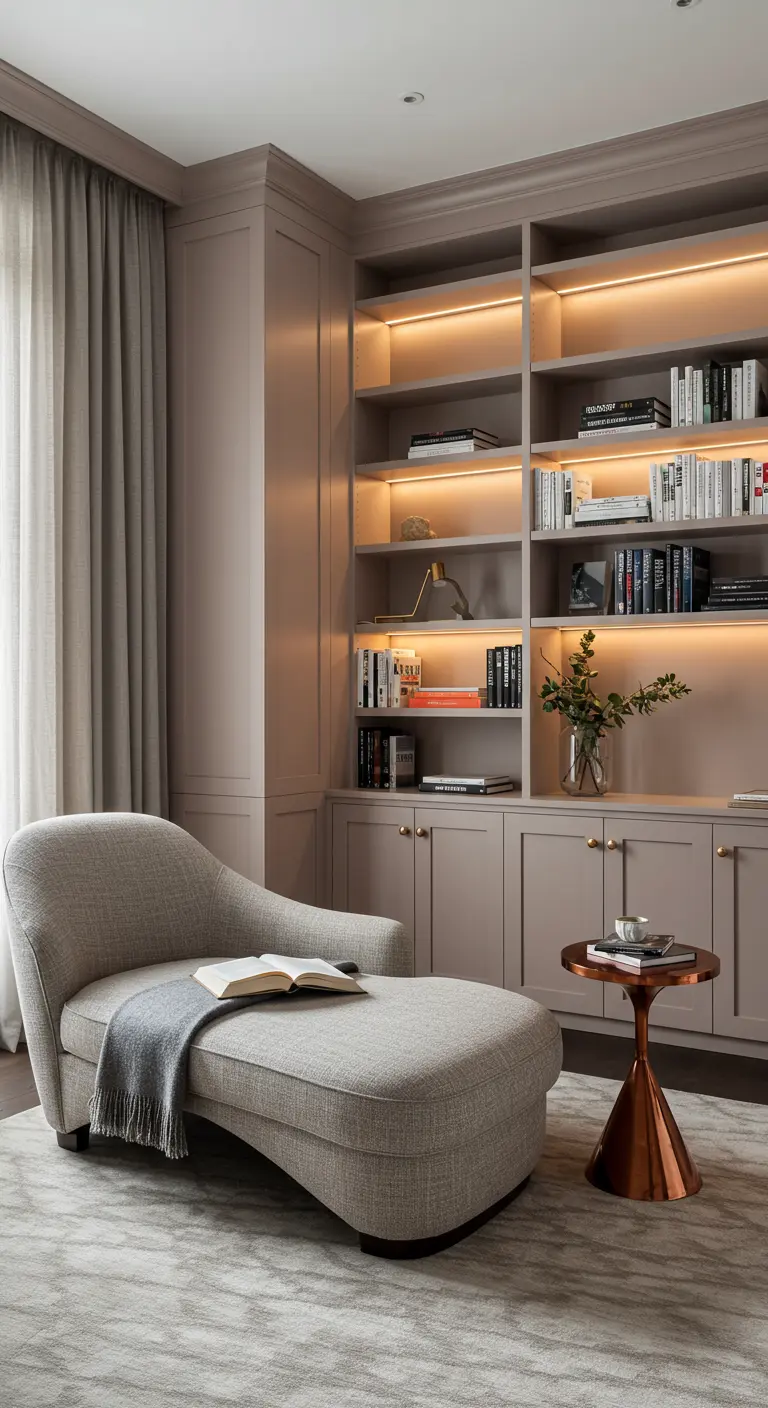 Cozy reading nook with a gray chaise, backlit bookshelves, and a copper side table.