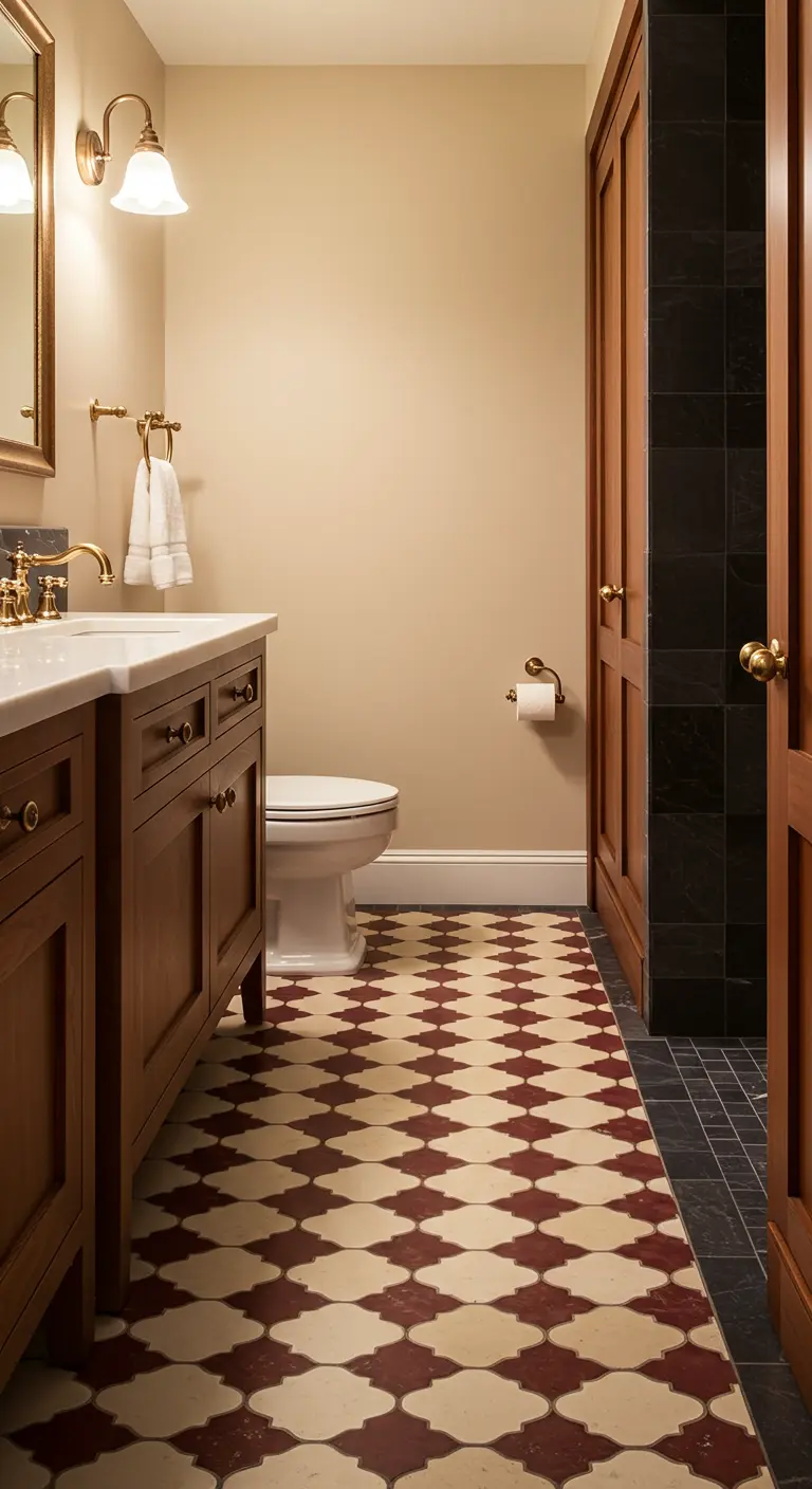 Narrow bathroom with a central 