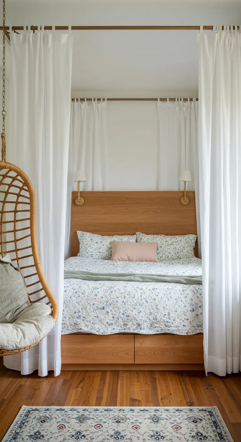 Bed set into an alcove framed by white curtains, with a rattan chair nearby.