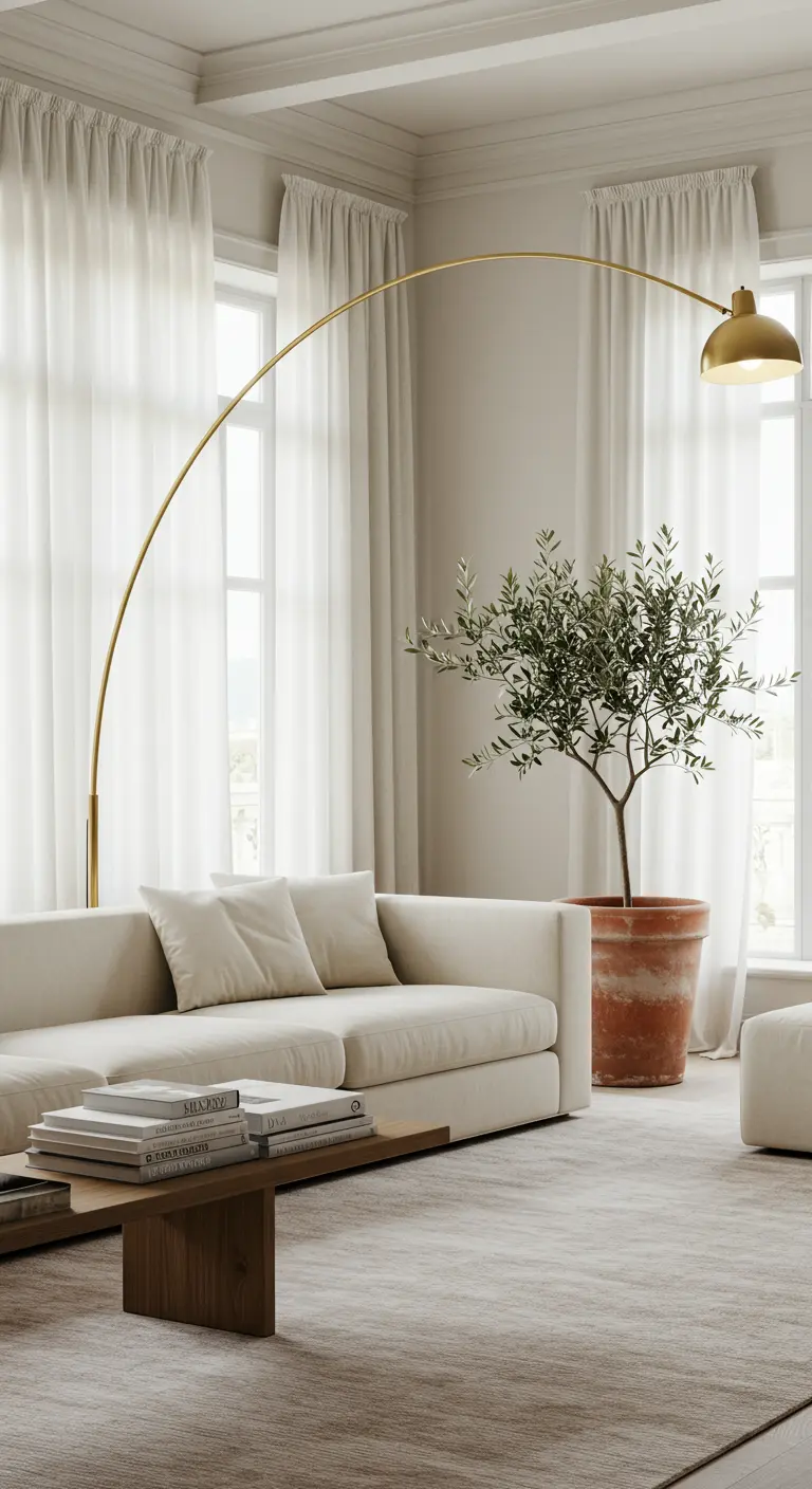 A bright, minimalist living room with a cream sofa and a large, elegant brass arc floor lamp.