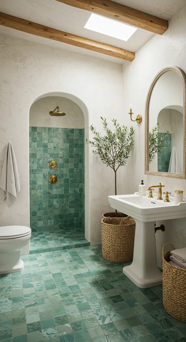 Mediterranean-style bathroom with an arched shower entrance and green zellige tiles.