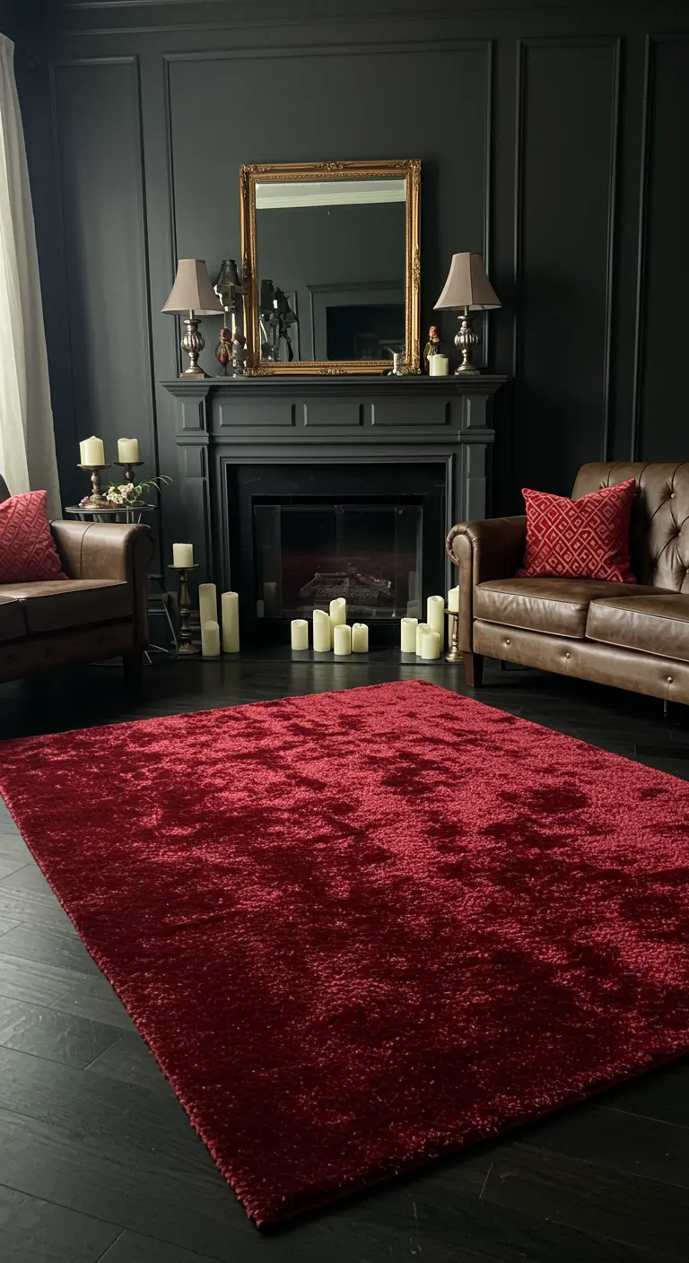Living room with dark walls and floors, featuring a large, plush crimson red rug.