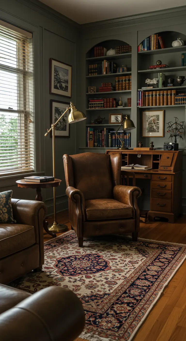 Brown leather wingback chair at a secretary desk in a study nook with gray-green walls.