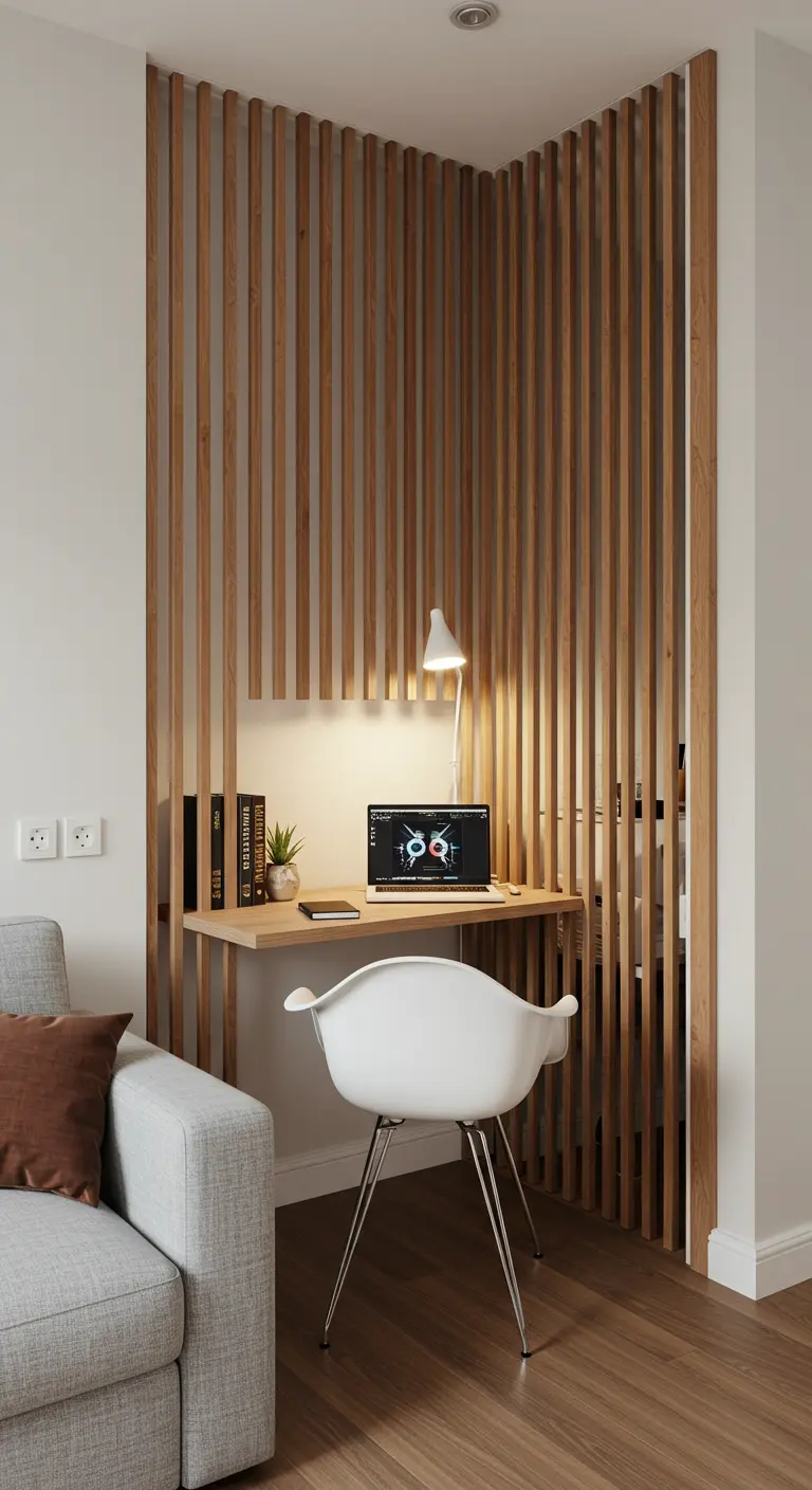 A home office nook in a corner defined by vertical wood slats and a floating desk.