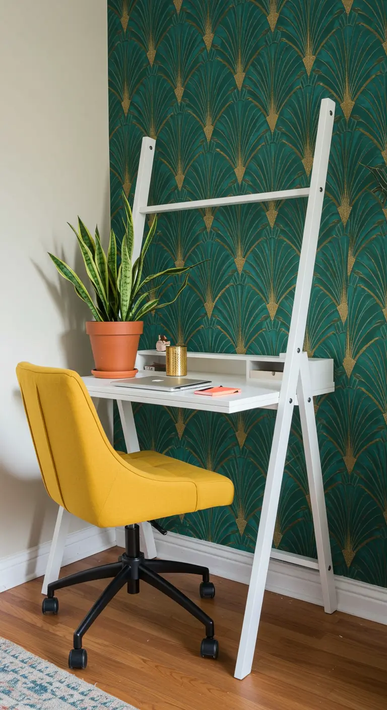 Home office nook with teal and gold art deco wallpaper and a mustard desk chair.