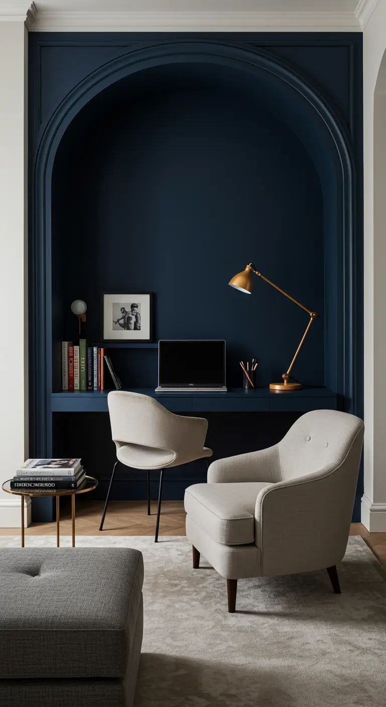 Navy blue arched office nook with a built-in desk and brass lamp.