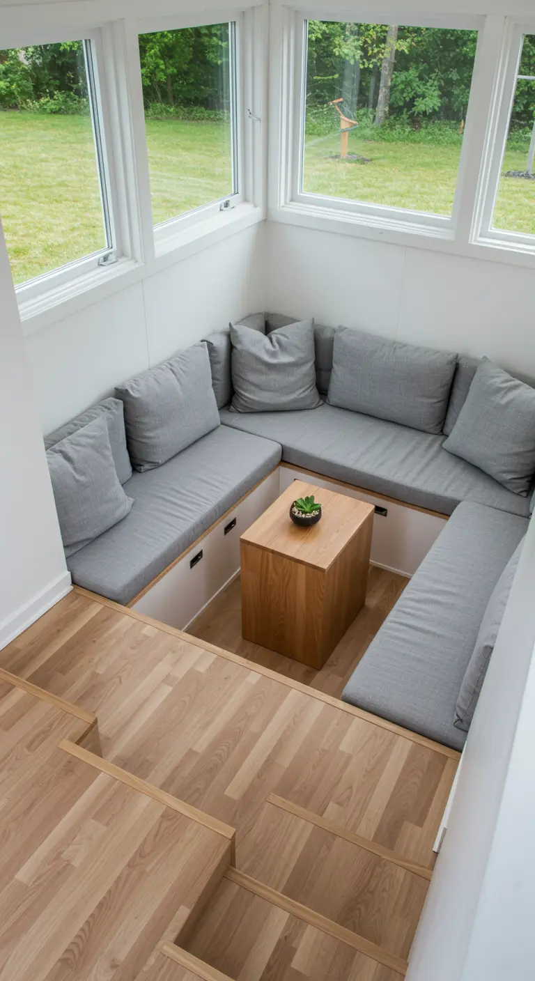 A sunken living room nook with gray wrap-around seating and a central wooden block table.