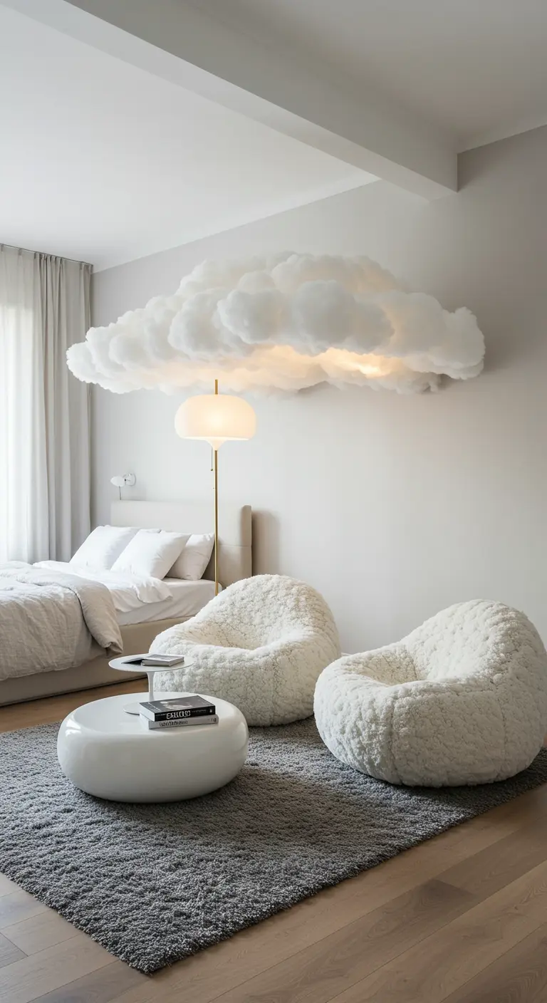 A bedroom sitting area with two bouclé chairs under a large, fluffy cloud pendant light.