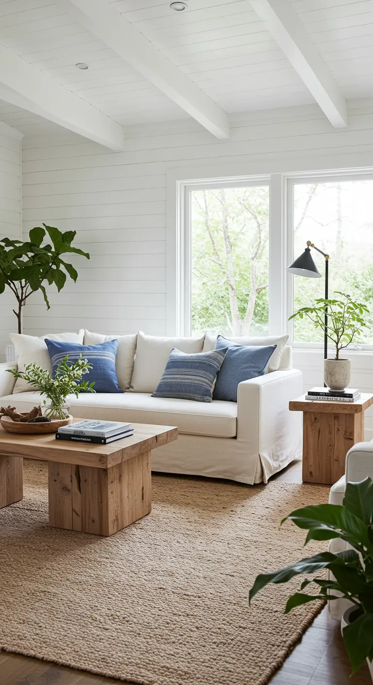 A double-height living room with a loft and a very large woven rattan pendant light.