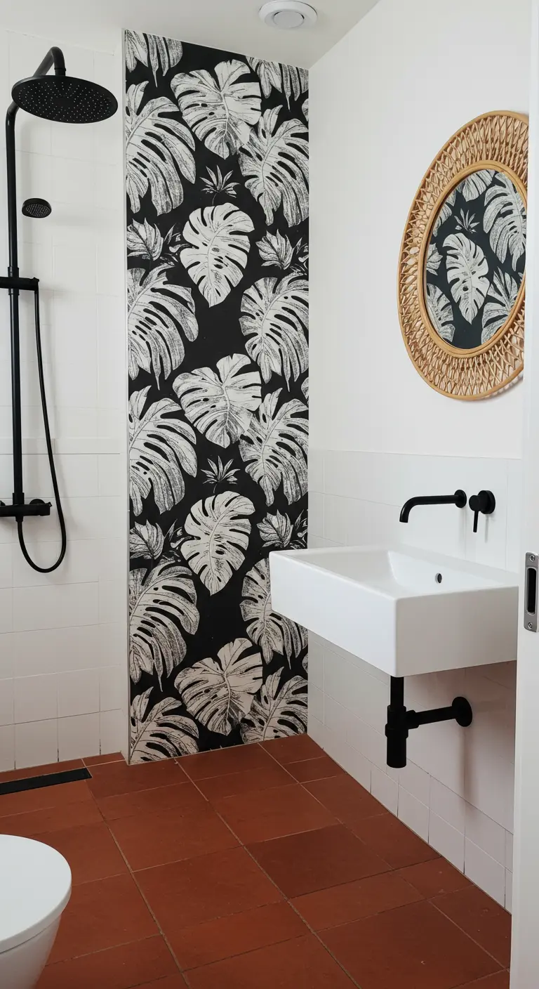 White tiled bathroom with a vertical panel of black-and-white monstera leaf wallpaper.