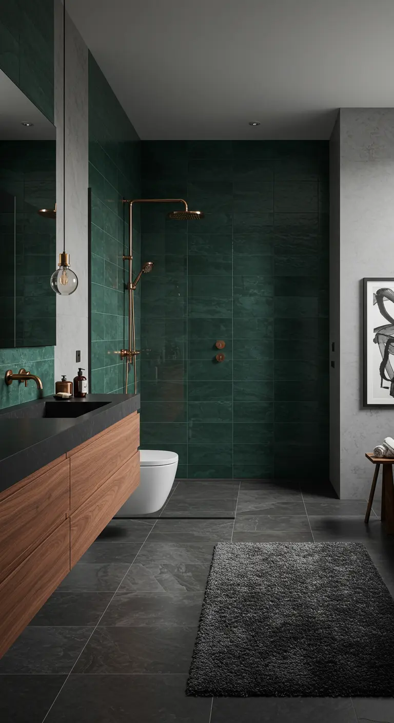 A modern bathroom with an emerald green tiled shower wall, a wood vanity, and dark grey floors.