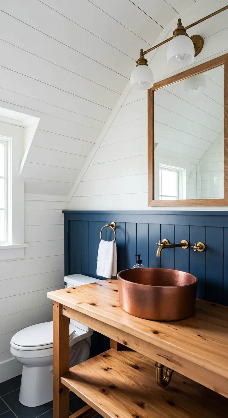 Bathroom with white shiplap and navy blue wainscoting behind a wood vanity.