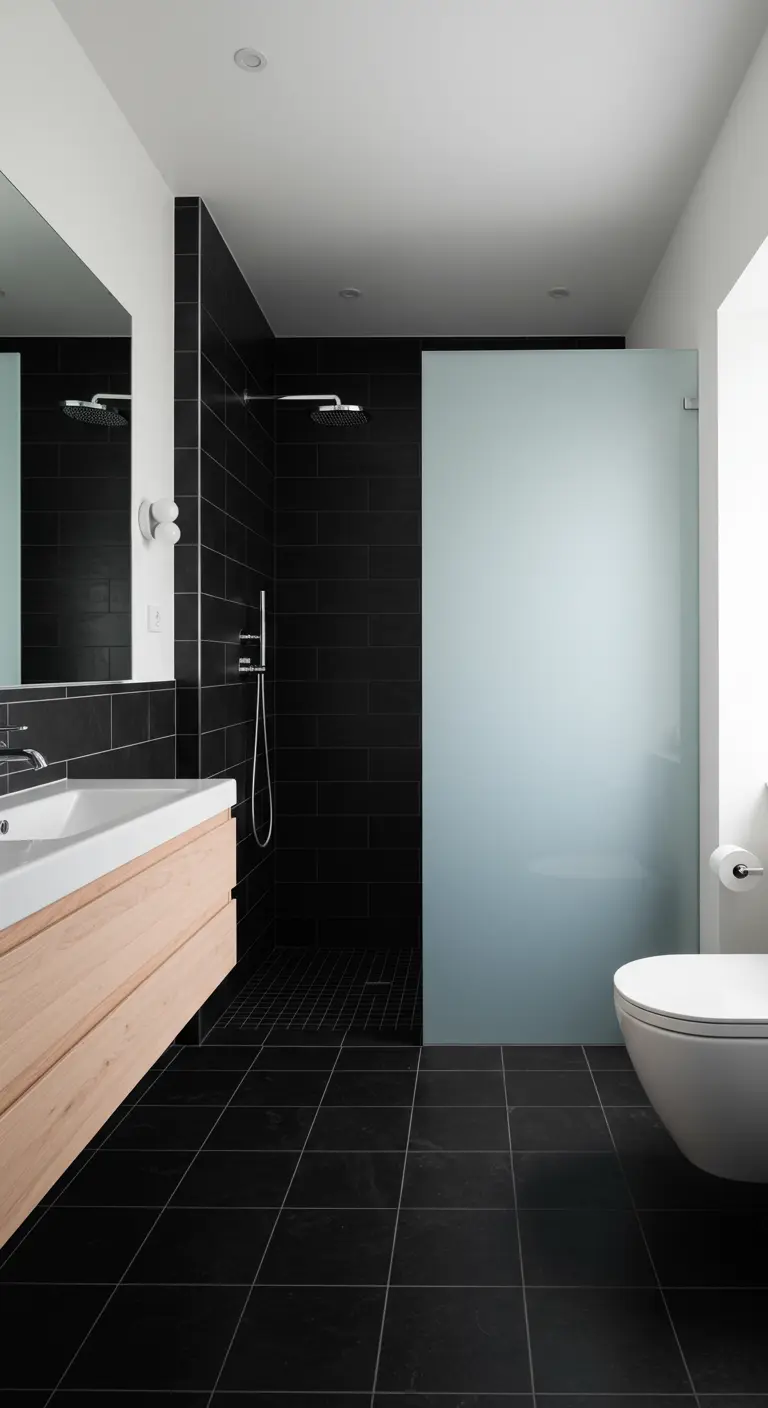 Bathroom with a black tiled shower zone and a light wood vanity.