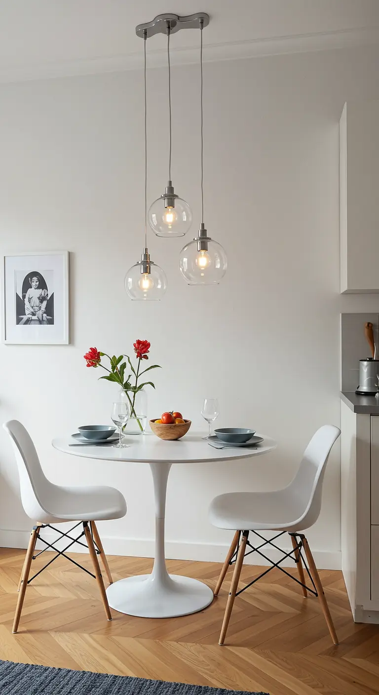 A compact dining nook with a white tulip table and chairs, lit by a cluster of clear glass pendants.