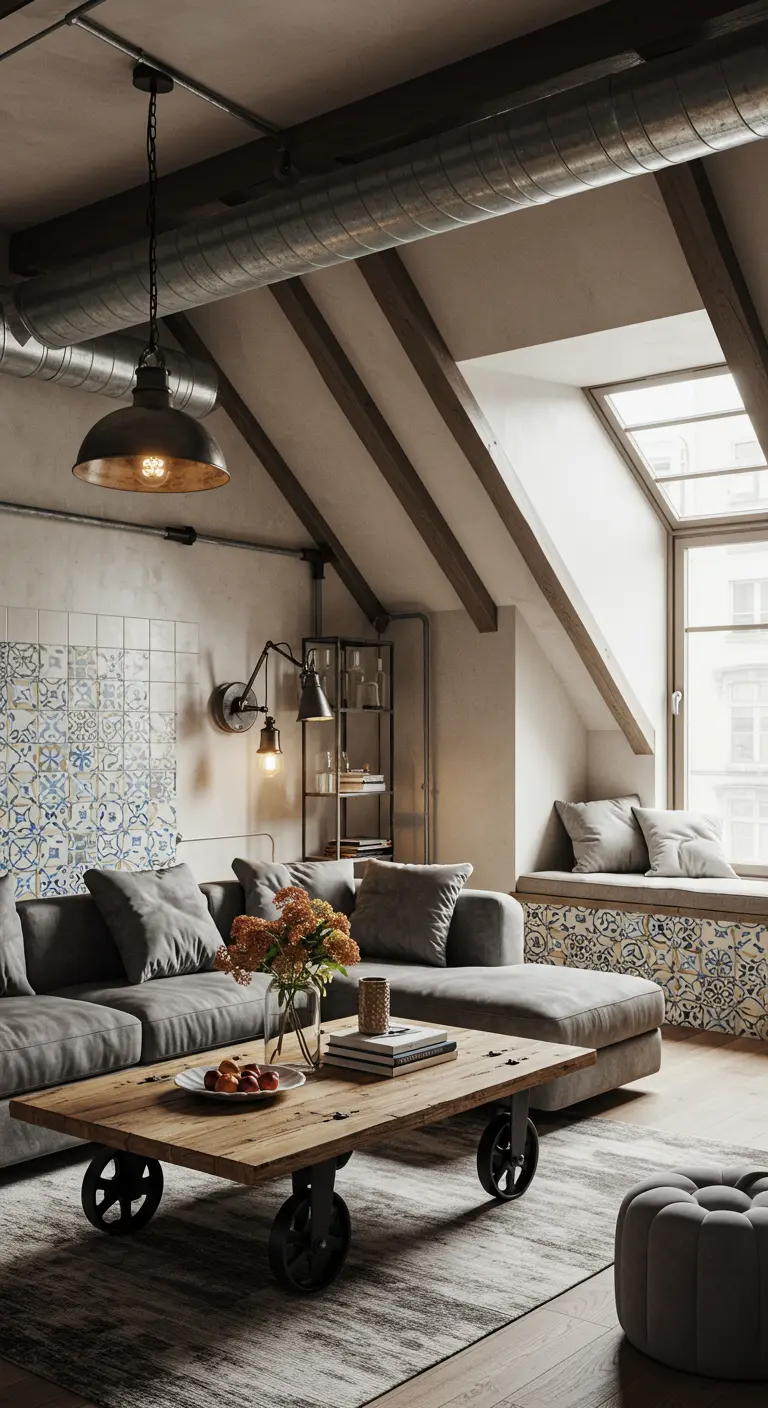 A cozy attic living room where a seating area is defined by a blue and white tile accent wall.