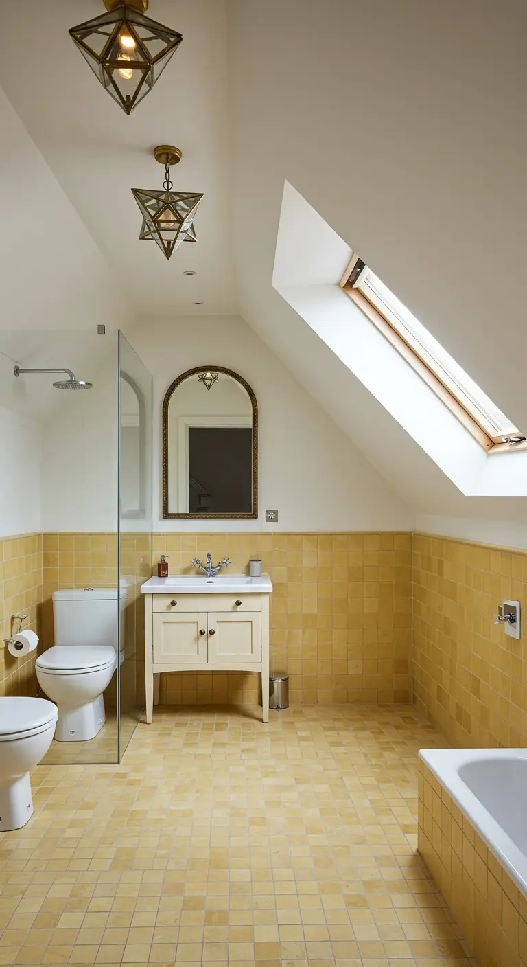 Attic bathroom with sunny yellow tiles and a skylight.