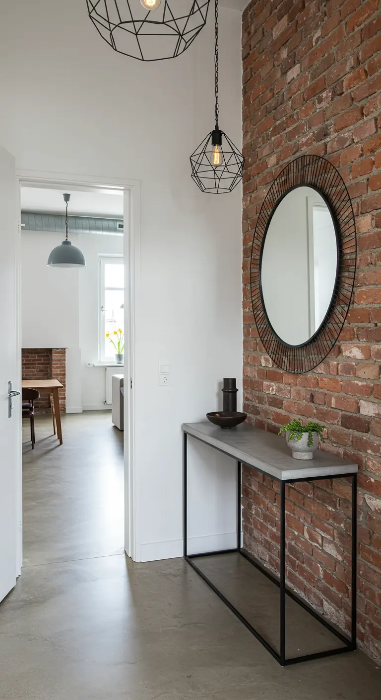 Entryway with an exposed brick wall, a slim concrete console table, and a round mirror.