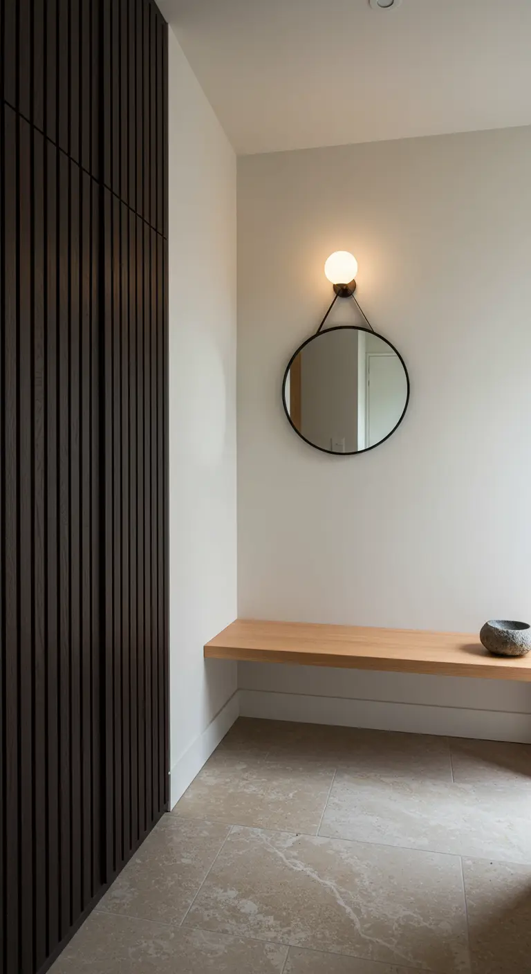 A minimalist entryway with a dark slatted closet, a floating wood bench, and a round mirror.