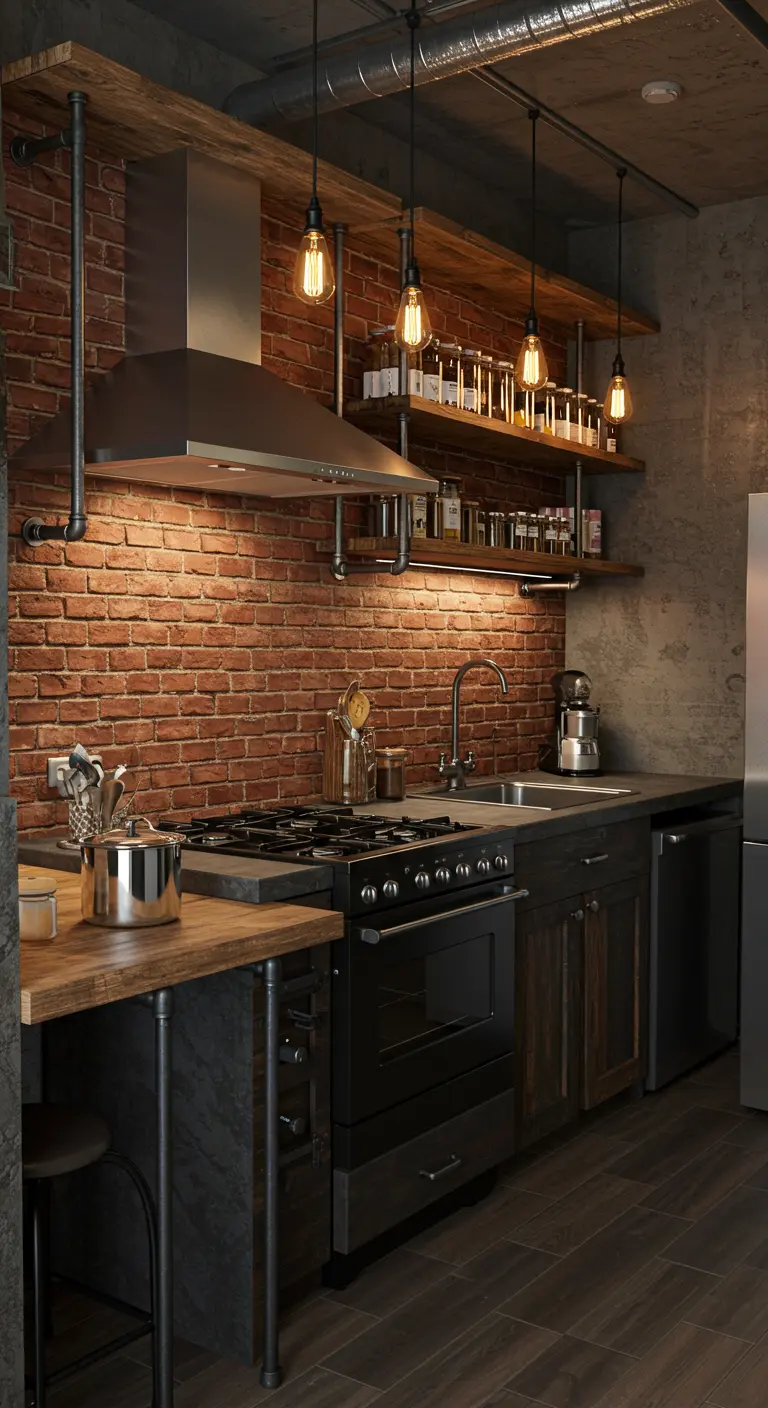 Industrial-style kitchen with a red brick backsplash, pipe shelving, and dark cabinets.