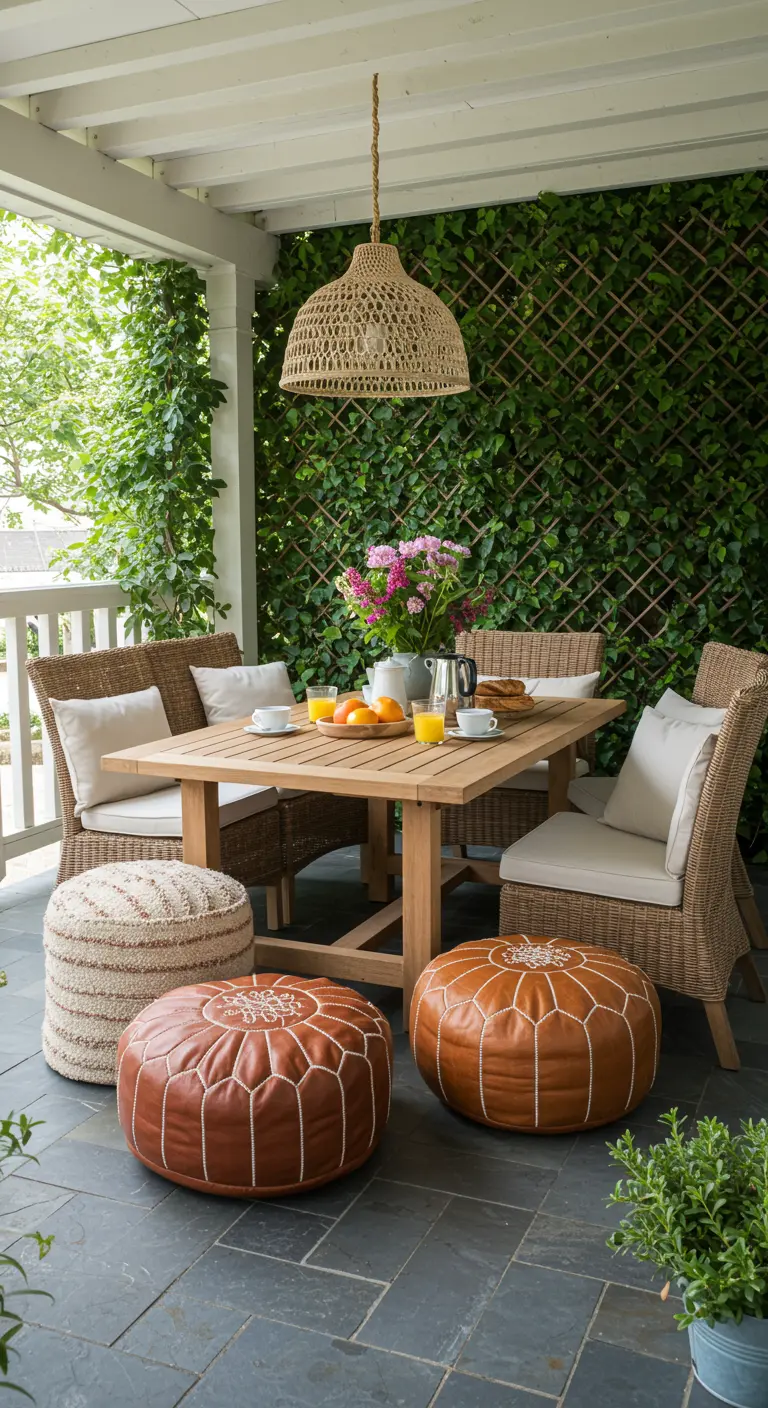Covered patio dining area with an ivy wall, rattan chairs, and leather and woven poufs.