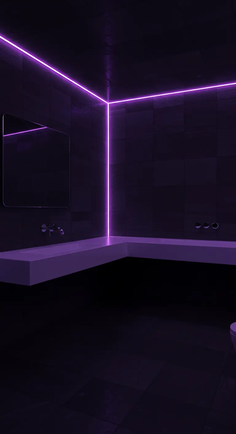 A dark, minimalist bathroom where purple neon light outlines the corners of the room.