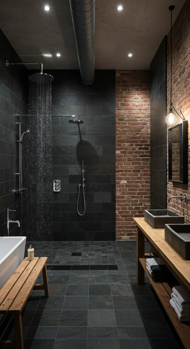 Large industrial bathroom with slate shower and a brick accent wall.