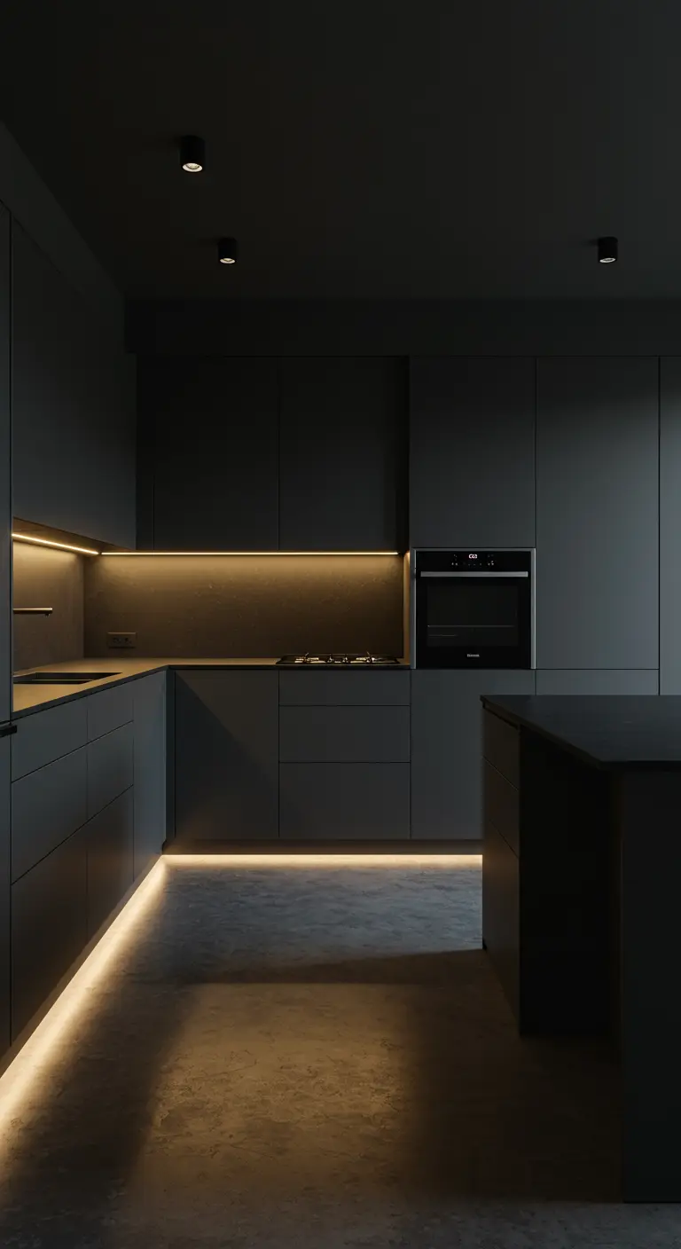 Dark charcoal minimalist kitchen with warm LED strip lighting under cabinets and at floor level.