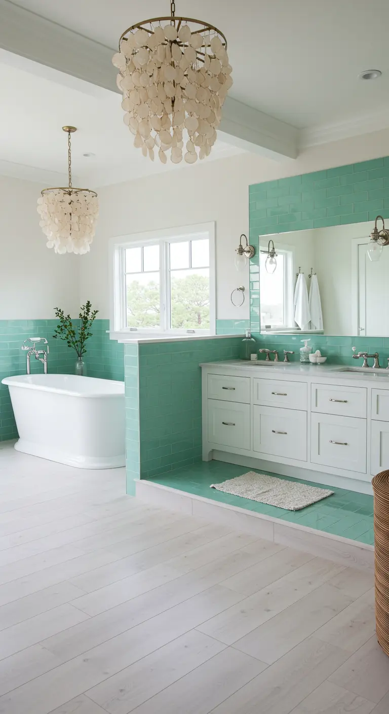 Bathroom with aqua tile pony wall separating the tub from the vanity.