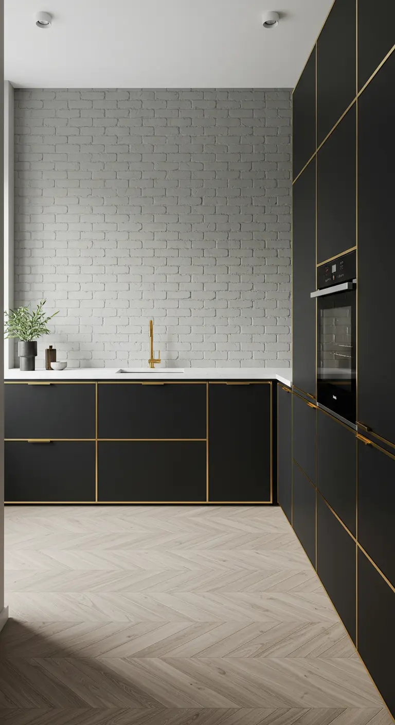 Minimalist kitchen with black flat-panel cabinets outlined in brass, against a gray brick wall.