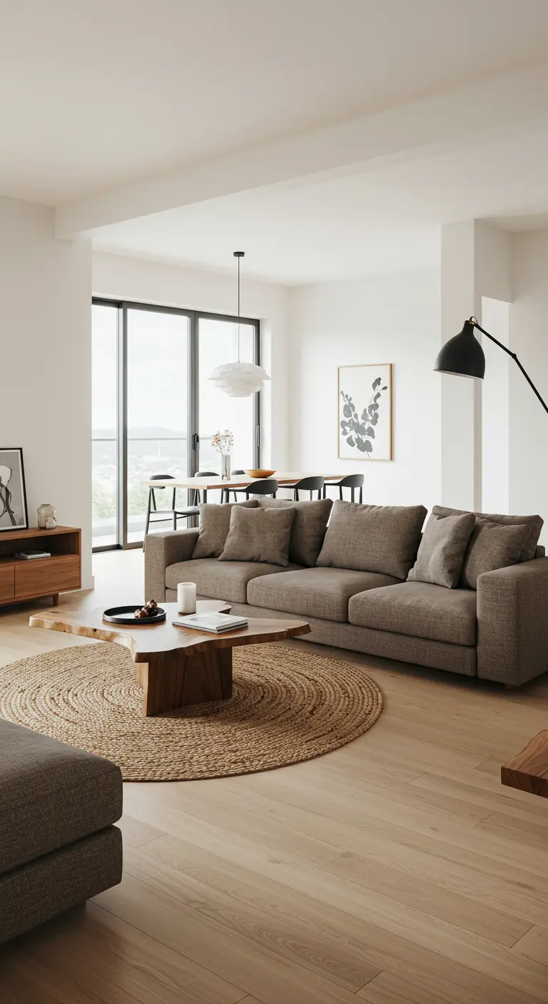Open-plan Japandi living room with a large round jute rug and a gray sectional sofa.