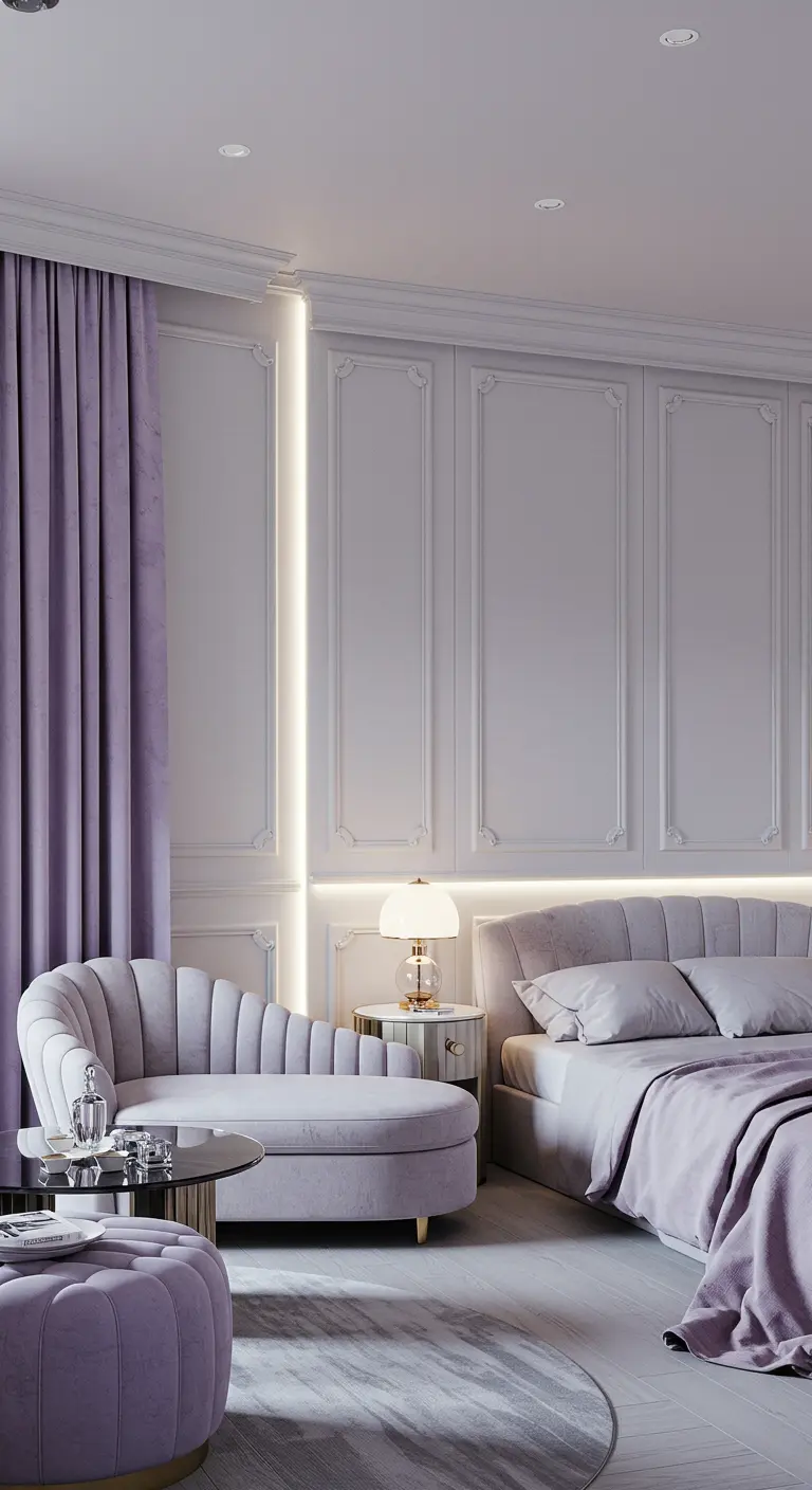 Lavender bedroom with vertical LED lights recessed into grey wall panels.